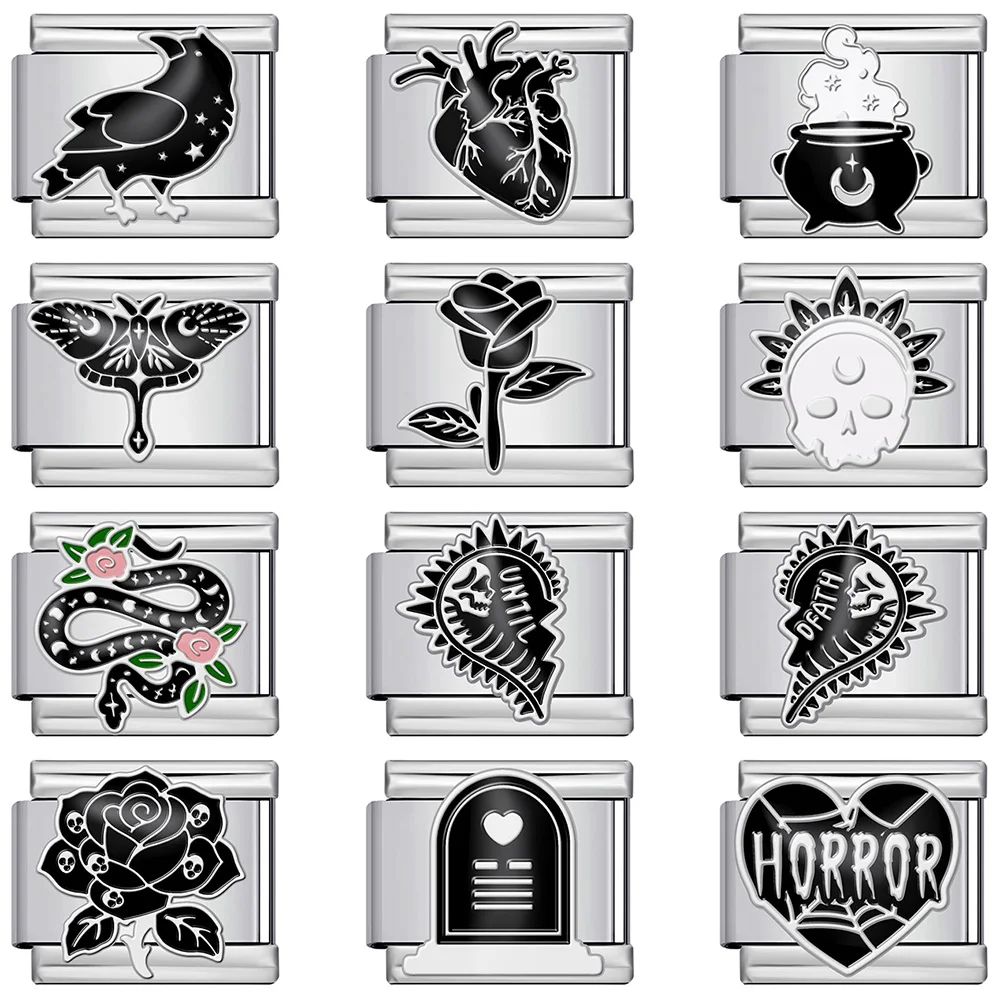 GEMOSA 9mm Herz-Schlangen-Krähe Italienischer Charm Goth Dark Edelstahl Gliederarmband passend für 9mm DIY Perlen Schmuck Halloween Accessoire – Detail 1