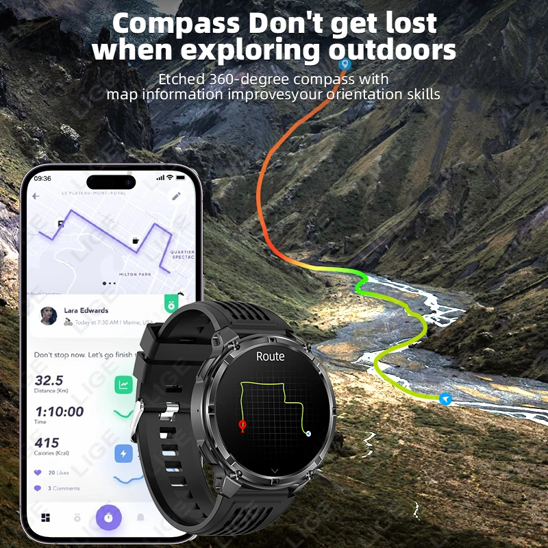 LIGE Jam Tangan Pintar Olahraga Luar Ruangan Baterai 1100mAh Pria Senter LED Kompas Detak Jantung IP68 Tahan Air Panggilan Bluetooth Smartwatch