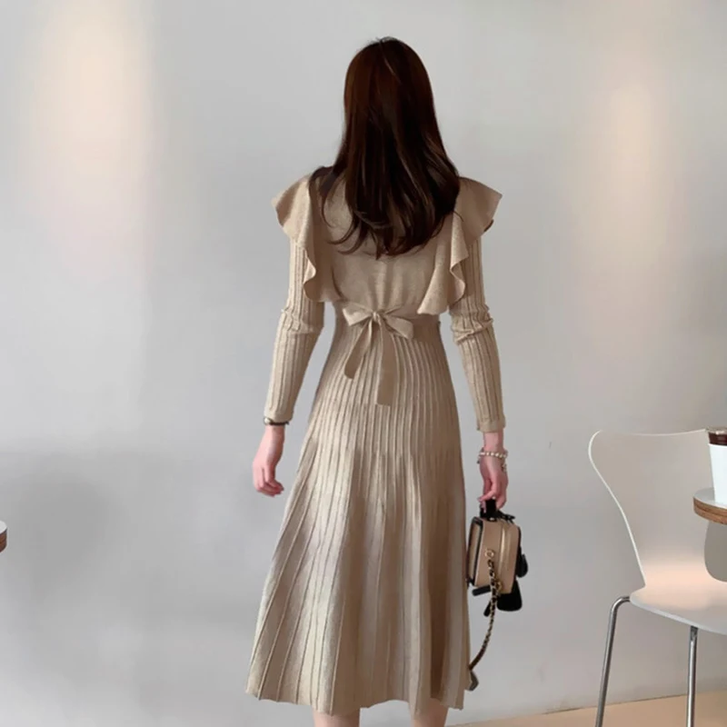 Vintage Elegant O-Neck Female Thicken Knit Long Dress Slim Full Sleeve Ruffles Women Sweater Dresses Vestidos Autumn 2022 Winter