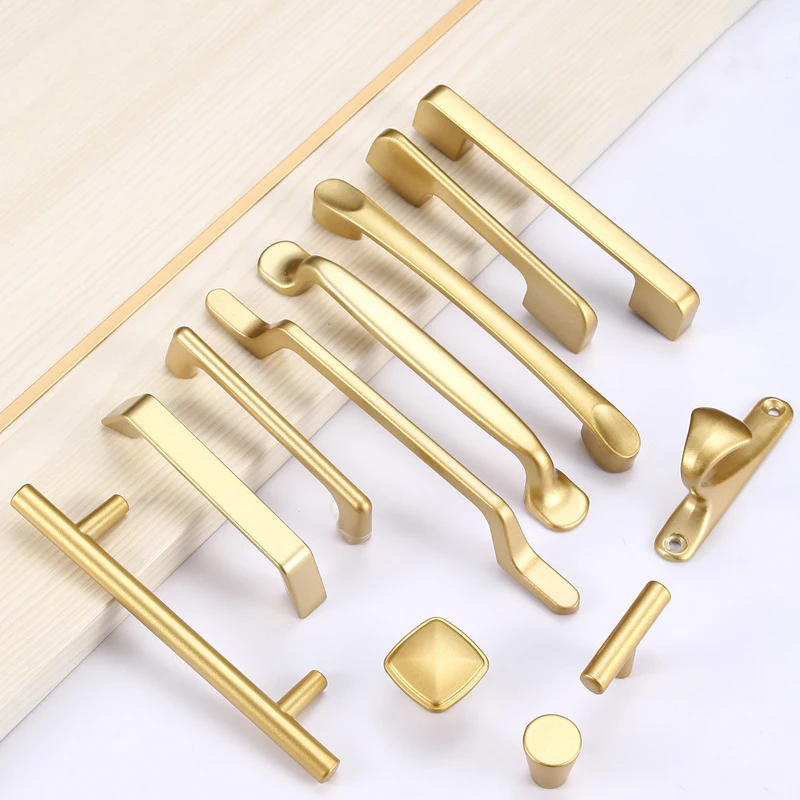 Furniture fittings aluminium alloy frosted gold door handles wardrobe single hole solid aluminium drawer handles metal