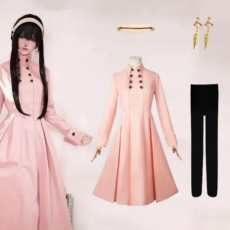 

Anime Yor Forger Cosplay Costume Pink Trench Coat Headwear Earrings Socks Suti for Women Halloween Party Roleplay Outfits