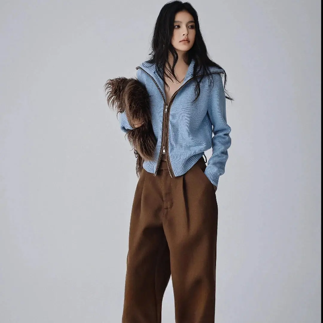 

Высококачественный модный комплект, осень/зима 2021, двусторонний вязаный топ на молнии в сочетании с повседневными прямыми брюками, комплект из двух предметов