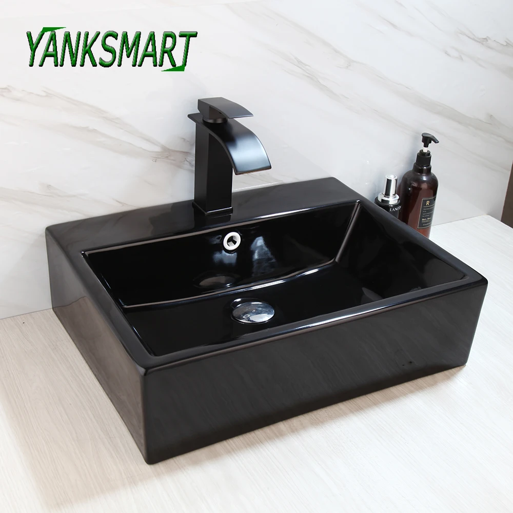 YANKSMART Rectangle Ceramic Bathroom Washbasin+Waterfall Black Basin Faucet Lavatory Faucet Mixer Water Tap Set W/ Pop-up Drian