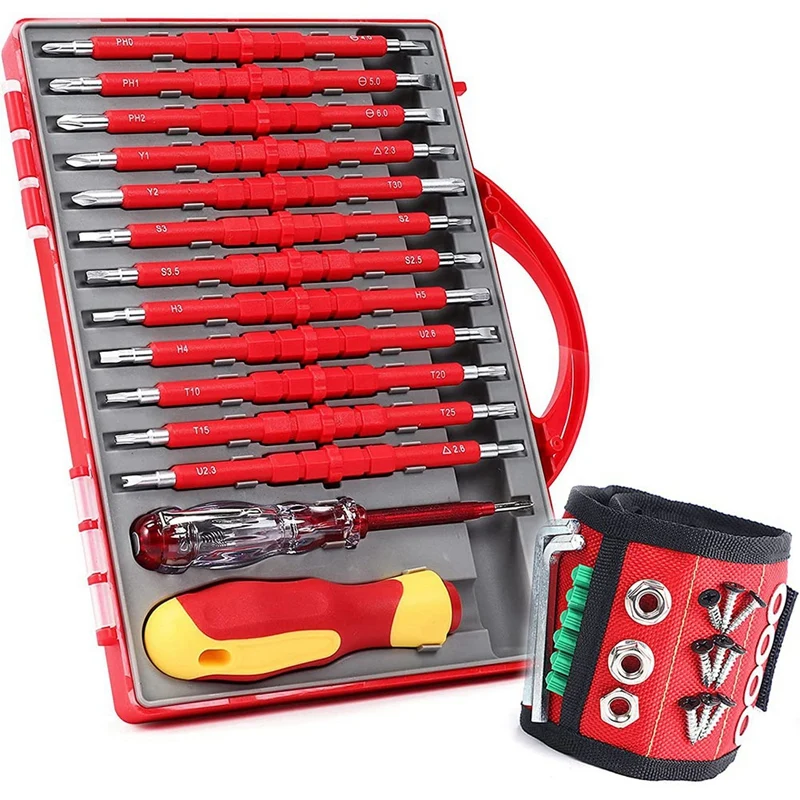 

1Set Insulated Electrician Screwdriver Set With Magnetic Wristband Tools 1000V Red Metal For Men PH Slotted Torx Hex Square Bits