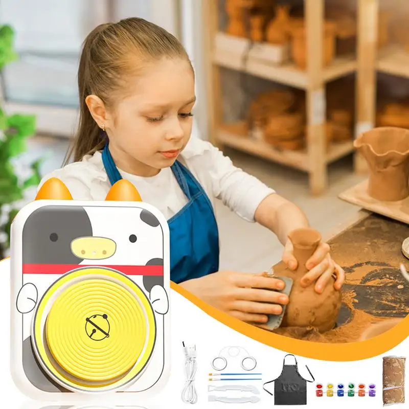 Kids Pottery Wheel Kit USB Ceramic Wheel Pottery Wheel Kit With Cow Design Electric Potters Clay Wheel For Kids Family Friends