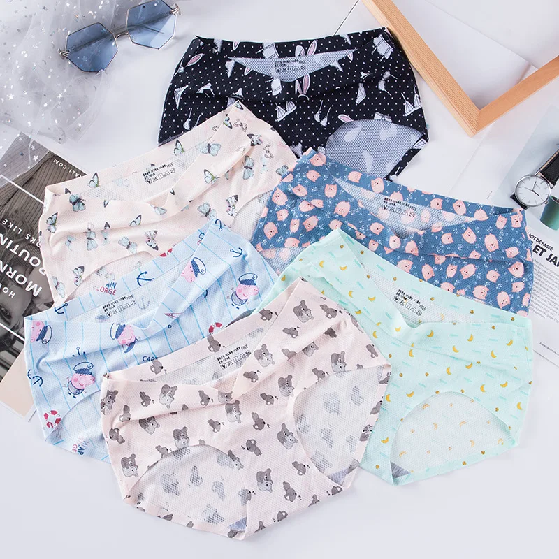 Girl One Piece Ice Silk Seamless Breathable Mid-waist Underwear Female Japanese Small Fresh Cotton Crotch Printed Cartoon Briefs