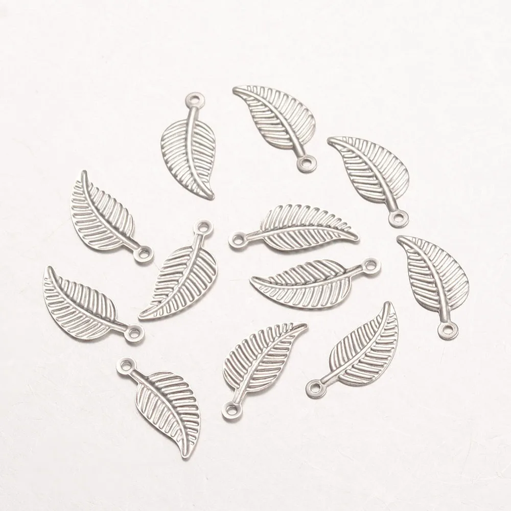 200pcs Tarnish Resistant 316 Surgical Stainless Steel Pendants Leaf Stainless Steel color 14x6x0.5mm Hole: 1mm