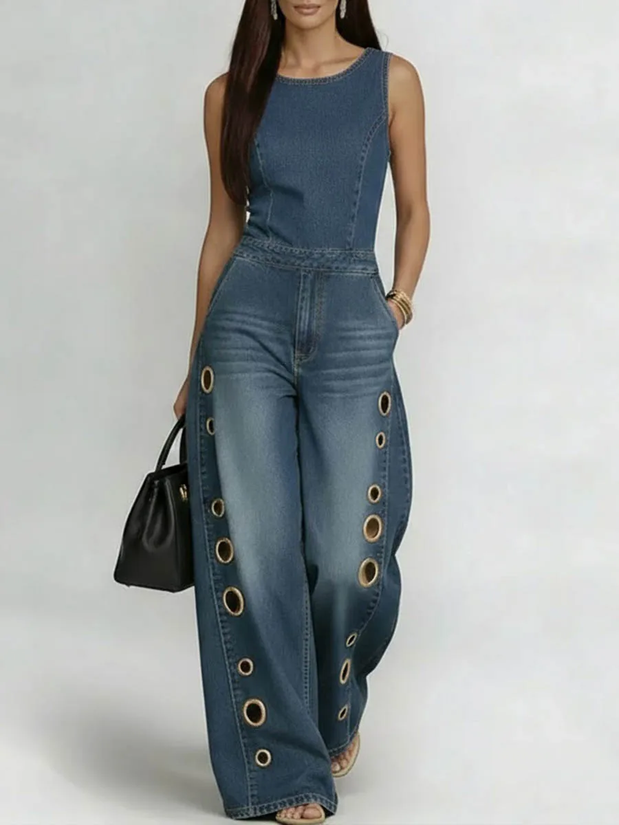 

Bonboho Women's Sleeveless Round Neck Eyelet Wide Leg Denim Jumpsuit Casual Streetwear Jumpsuit for Festival & Party Outfits