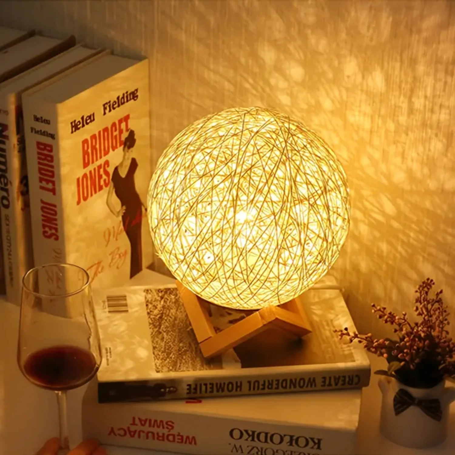 Cozy Rustic Rattan Ball Night Light - Unique Creative Table Lamp Adds Warm Atmosphere - Ideal for Bedroom, Baby Room, Study - Pe