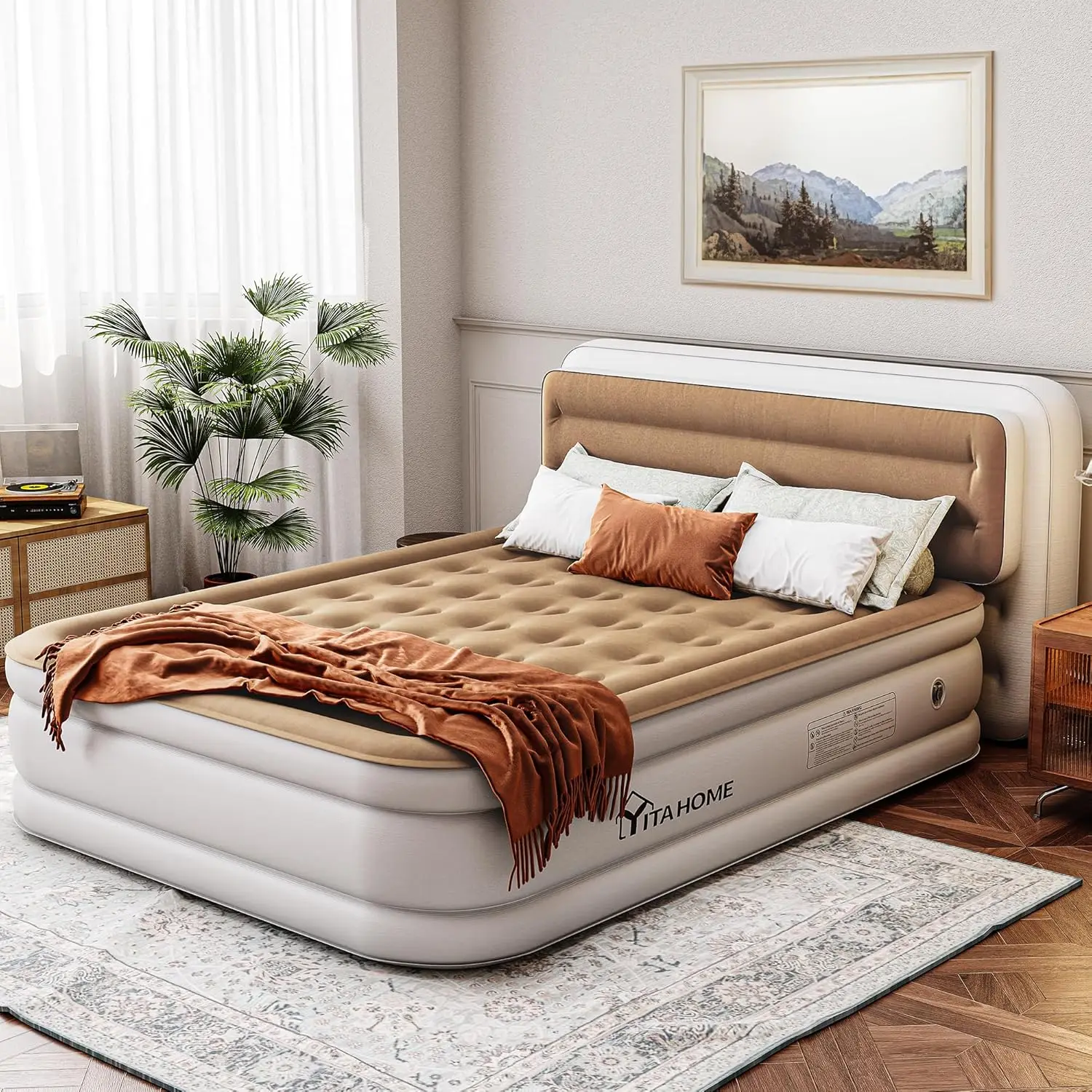 

Queen Air Mattress with Pump and Banded Headboard, Durable Inflatable Bed for Indoor and Outdoor Use, Brown