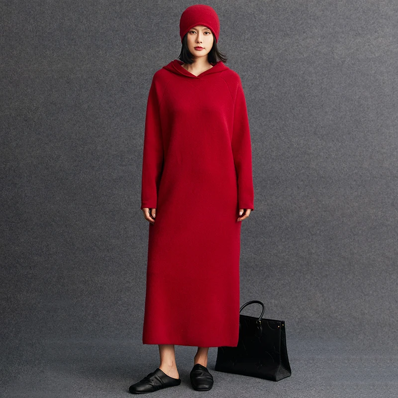 Women Cashmere Hooded Dress 100% Cashmere Knitted Loose Dress Autumn Winter Thick Warm Cashmere Knitwear Long Sleeve Dress