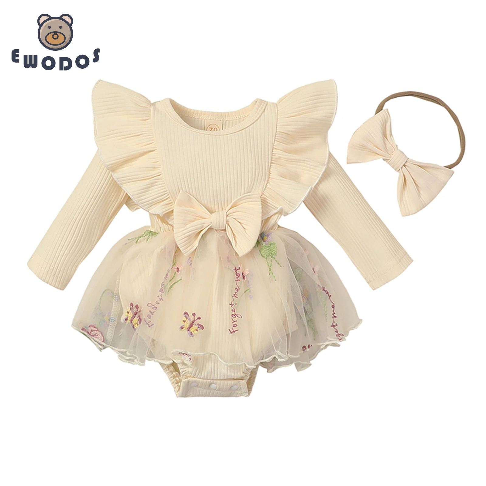 EWODOS Newborn Bodysuits Infant Baby Girls Bodysuit Dress Rib Knit Butterfly Flower Embroidery Skirt Hem Jumpsuits + Headbands