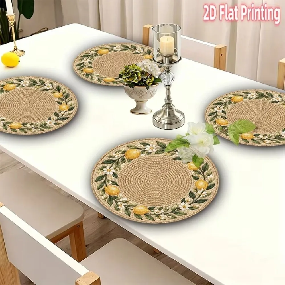14.96in Printed Placemats Flower Printed Pattern Round Shape Imitation Rattan Placemats 2D Flat Wipeable Round Table Mats
