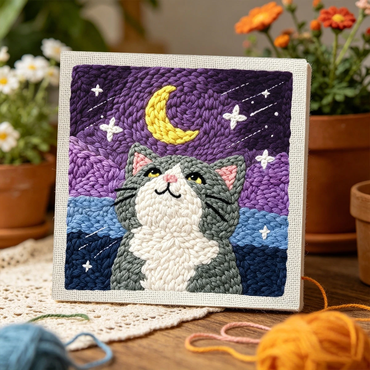 1 Set Katze, die den Mond betrachtet, DIY-Stickset für Anfänger, Stick-Starter-Kit, Kreuzstich-Kunstgeschenk, Handarbeits-Bastelset – Detail 3