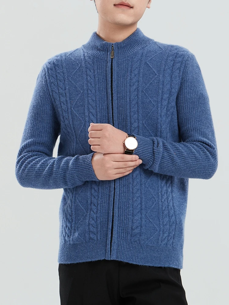 

100% Merino Pure Wool Men's Half High Neck Zipper Cardigan Autumn Winter Thick Casual Fashion Knitted Cashmere Sweater