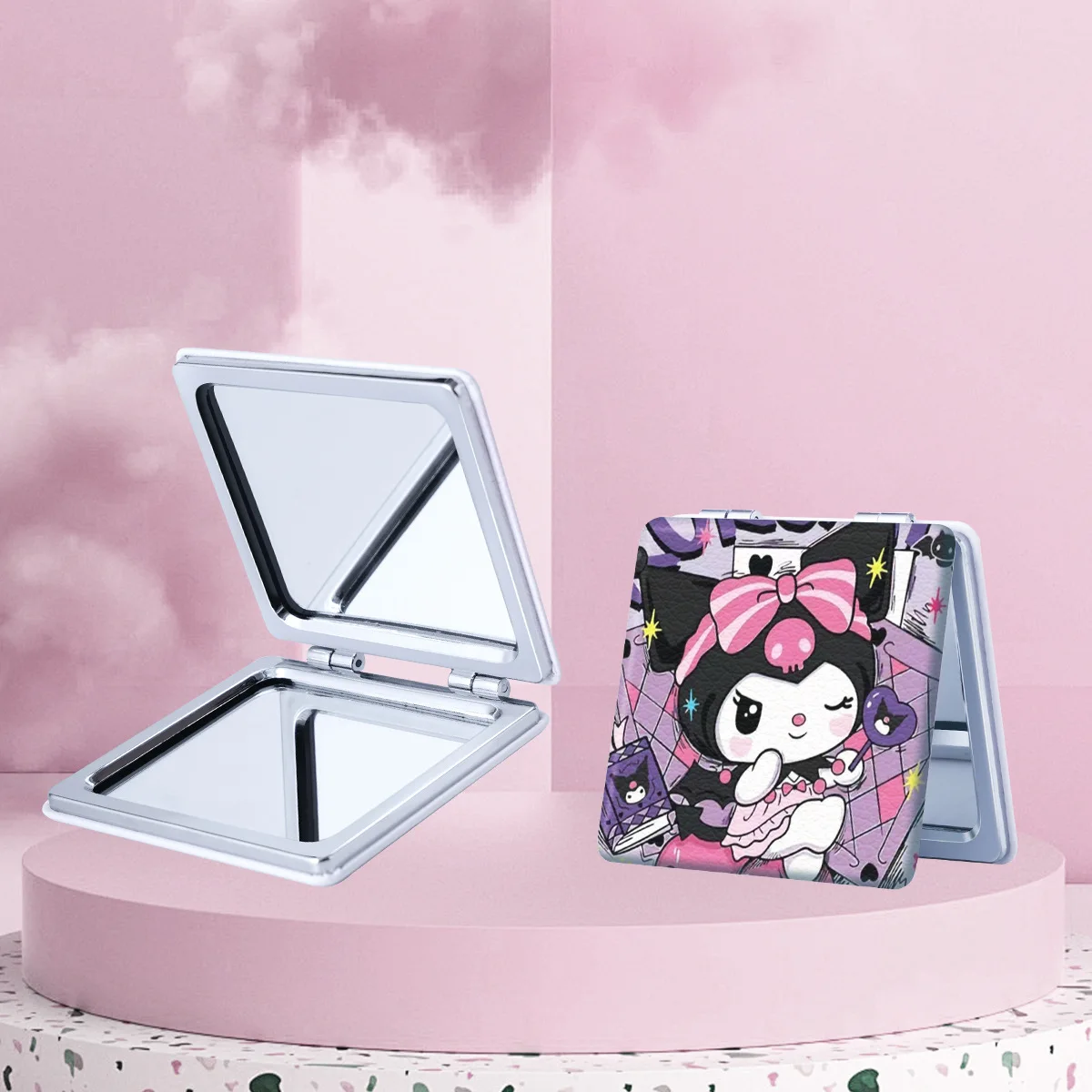 

Sanrio Series Pattern Makeup Mirrors Kuromi Kawaii Cartoon Anime PU Leather Girly Heart Folding Double-sided Mirror Girls Gift
