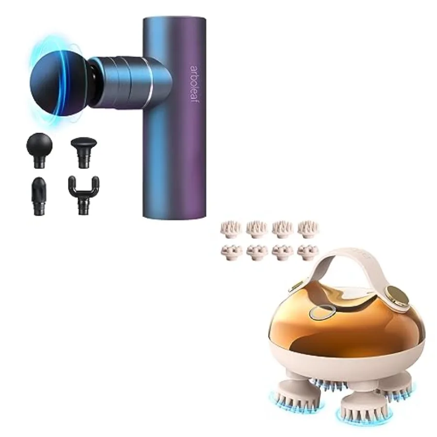 

Arboleaf Massage Gun and Scalp Massager Bundle for home use ABS+silicone black quiet deep tissue relief with 6 interchangeable