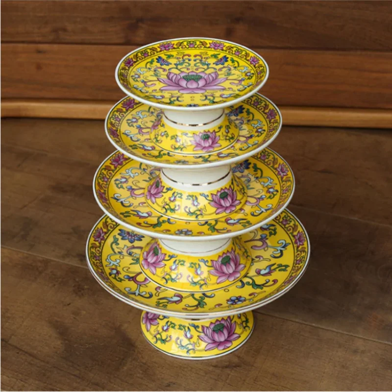 Chinese Ceramics Lotus Fruit Dish Ornaments Buddha Hall Enshrine Table Tall Feet for Disc Home Snack Ceramic Plate Decoration