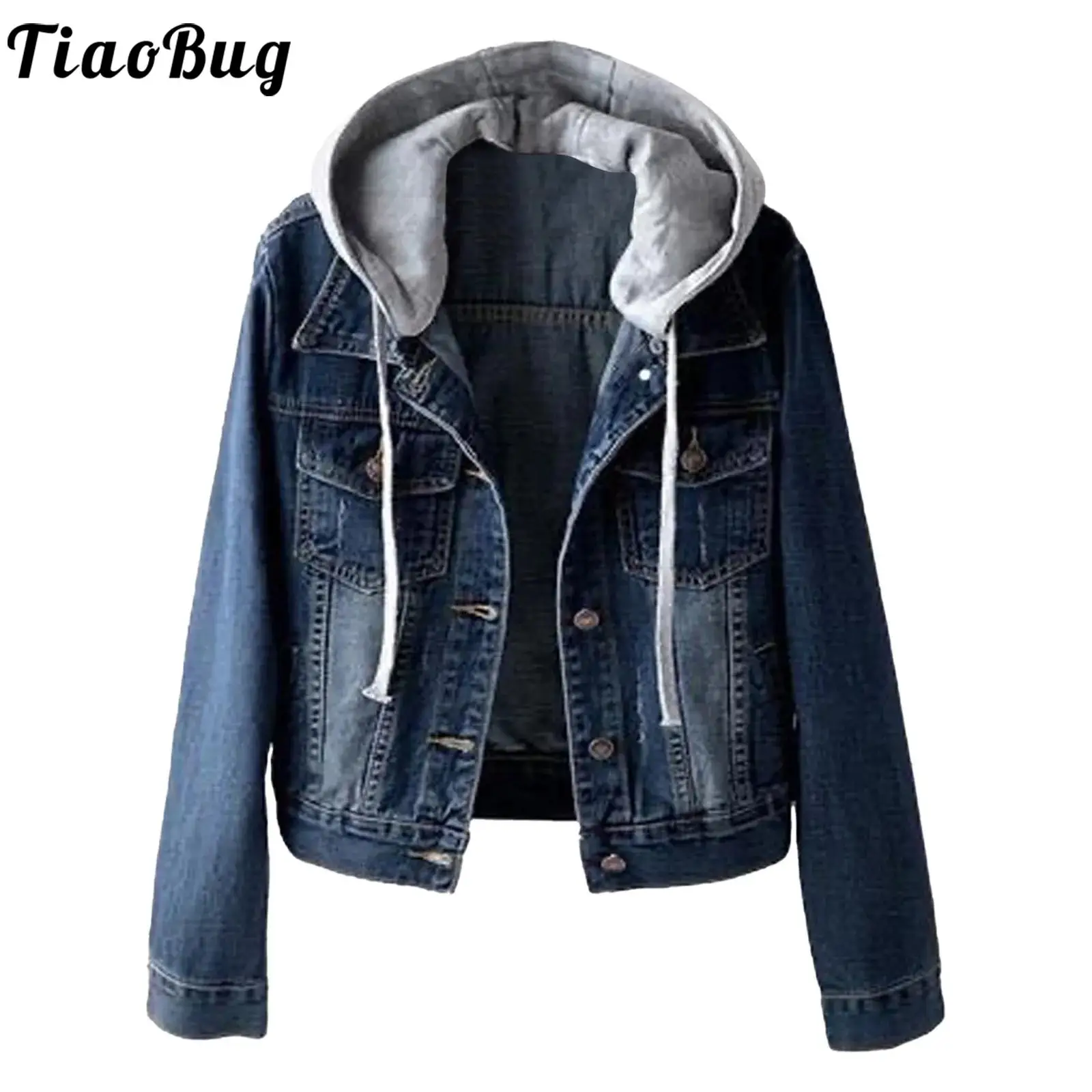 

Women Distressed Jean Jackets Lapel Long Sleeve Metal Button-down Crop Denim Outerwear for Daily Casual Vacation Music Party