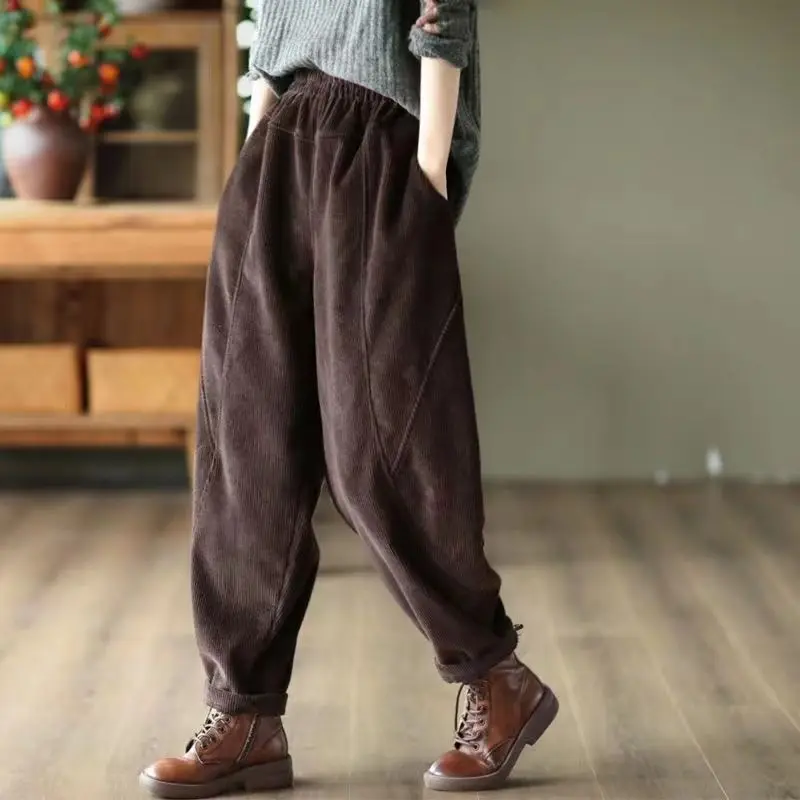 2023 New Arrival Spring Autumn Women Vintage Patchwork Ankle-length Pants Casual Loose Corduroy Elastic Waist Harem Pants P641