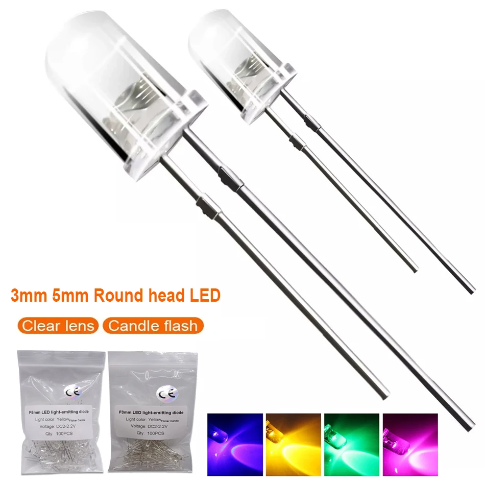 100PCS 3mm 5mm Candle Led Flicker Red Yellow Light Flickering Leds Flash Blink Dip Led Diode Intermitente Light Lamp Flicker