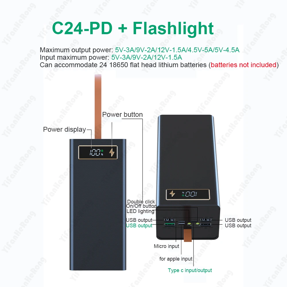 C24 Power Bank Case 24*18650 USB Welding Free Power Bank Case Detachable Portable QC 3.0 PD DIY Shell Housing For Powerbank