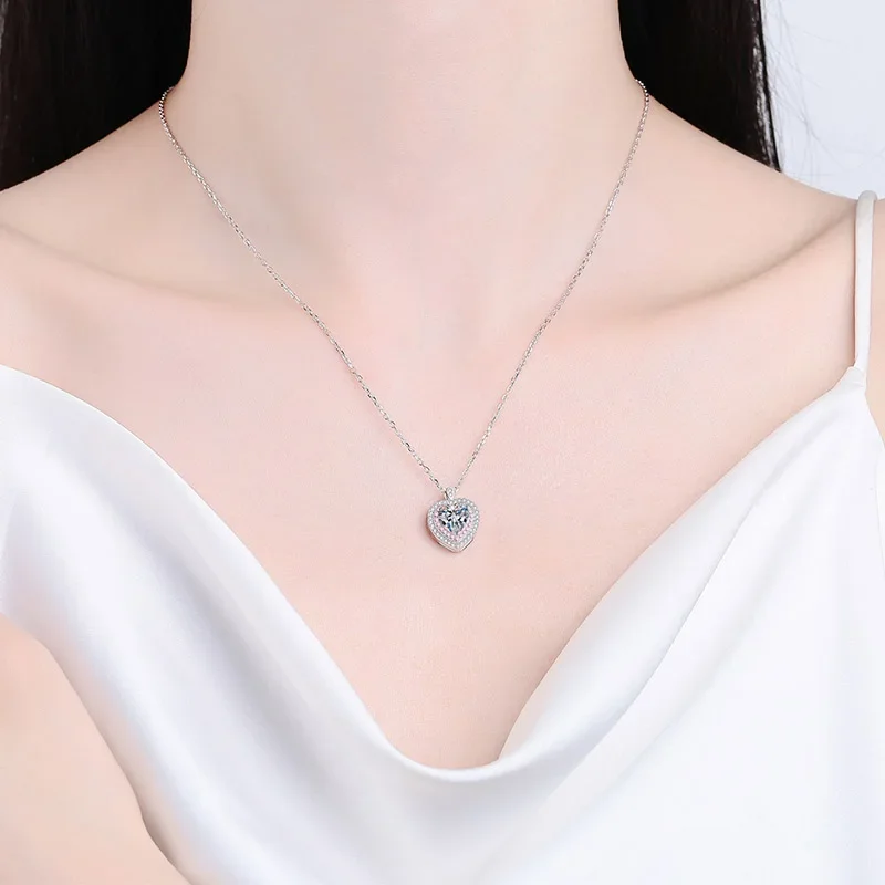 LORIELE 1ct Heart Moissanite Necklace for Women Pink Chain Sterling 925 Silver Jewelry Set Birthday Gift Lad Diamond Pendant GRA
