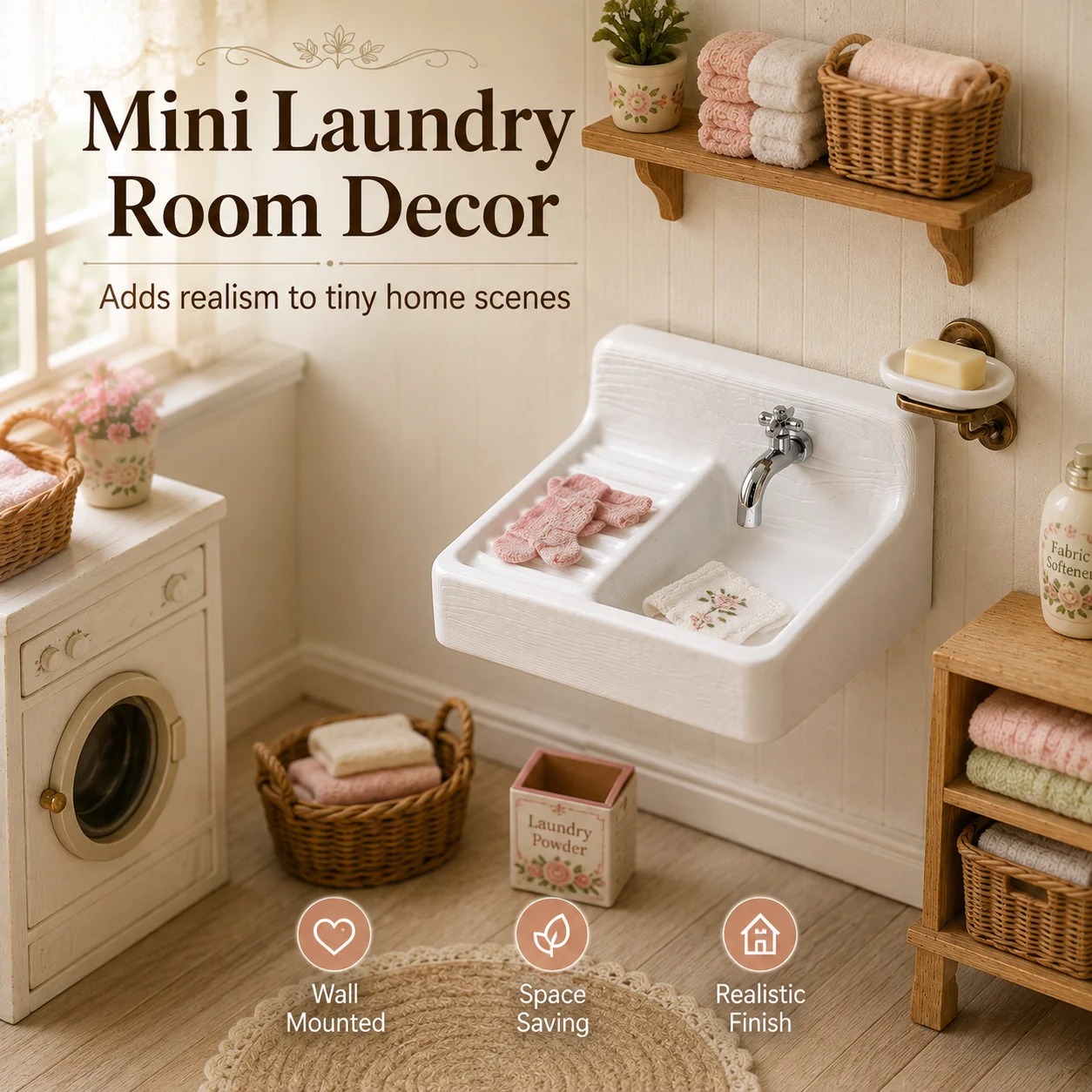 Vintage Miniature Wall Mounted Sink with Faucet, 4cm Dollhouse Bathroom Wash Basin, Cottagecore Mini Laundry Room Furniture Deco