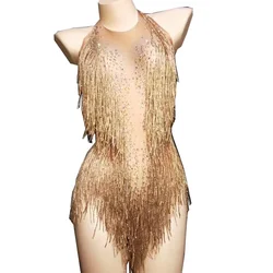 Gold Shining Rhinestones Halter Backless Tassel Sexy Bodysuits For Women Nightclub Jazz Dance Wear Stage Drag Queen Costume