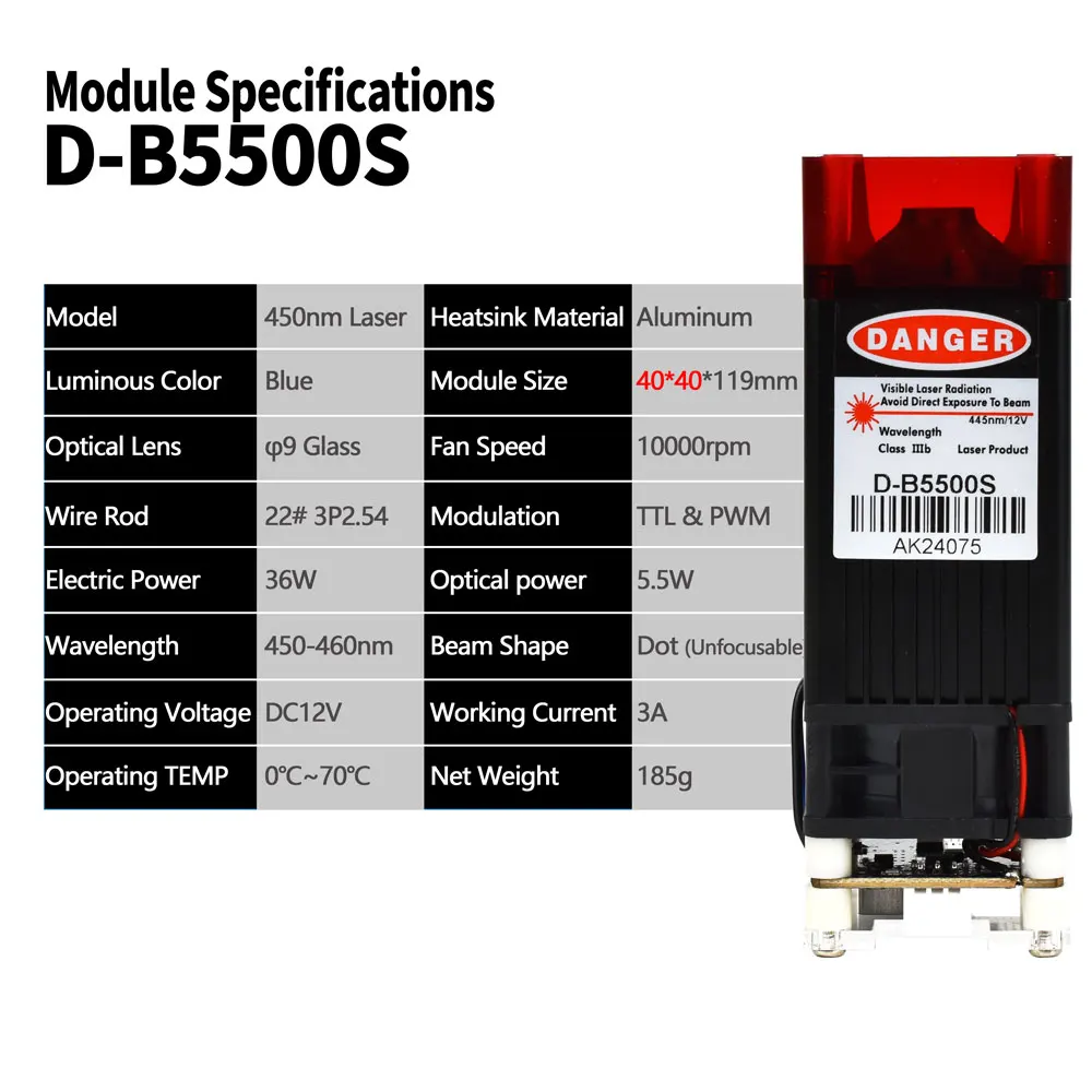 CNC DIY 레이저 조각기 모듈 헤드, 고정 초점 450nm 블루 라이트, 레이저 절단 마킹 조각 목재 도구, 40W