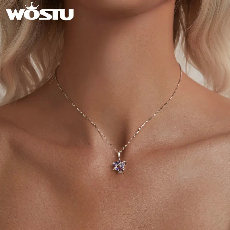 WOSTU Retro Gradient Purple-pink Heart Charm Feather Dreamcatcher Flower Pendant Fit Girl Original Bracelet 925 Sterling Silver