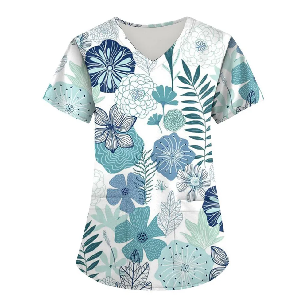 

Women Nurse Uniform Floral 3D Print Tops V-Neck Pocket Medical Uniforms Nursing Short Sleeve T-shirt Tops Working Clothes