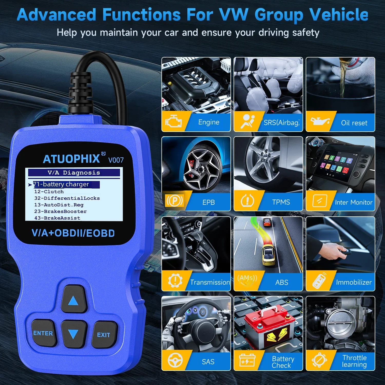 Autophix V007 OBD2 Scanner for Volkswagen VW Audi Skoda Seat  Code Reader Engine Check Airbag ABS EPB Oil Reset Diagnostic Tools