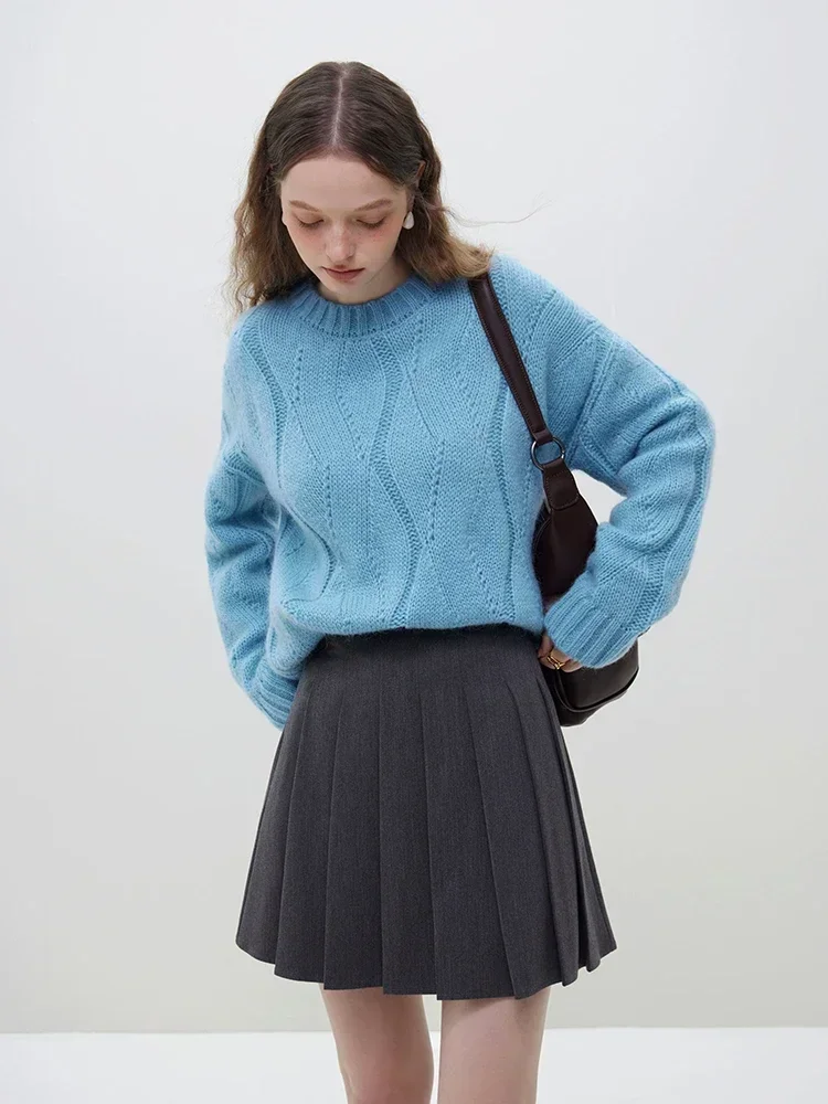 FSLE 20.9% Wool 19.1% Mohair Women Round Neck Solid Short Sweater Hollow Out Design Oatmeal Color Drop Sleeve Wool Sweaters