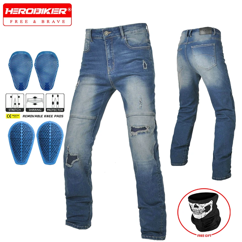 

Motorcycle Riding Pants Washed Aged Motorcycle Jeans Faded Ripped Pants Anti Drop with Silicone Protective Gear