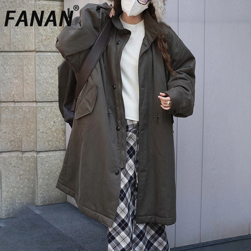 

FANAN Thick Warm Parka For Women Stand Single Breasted Olive Long Outwear Streetwear Loose Jackets Outdoors 2025 Winter New