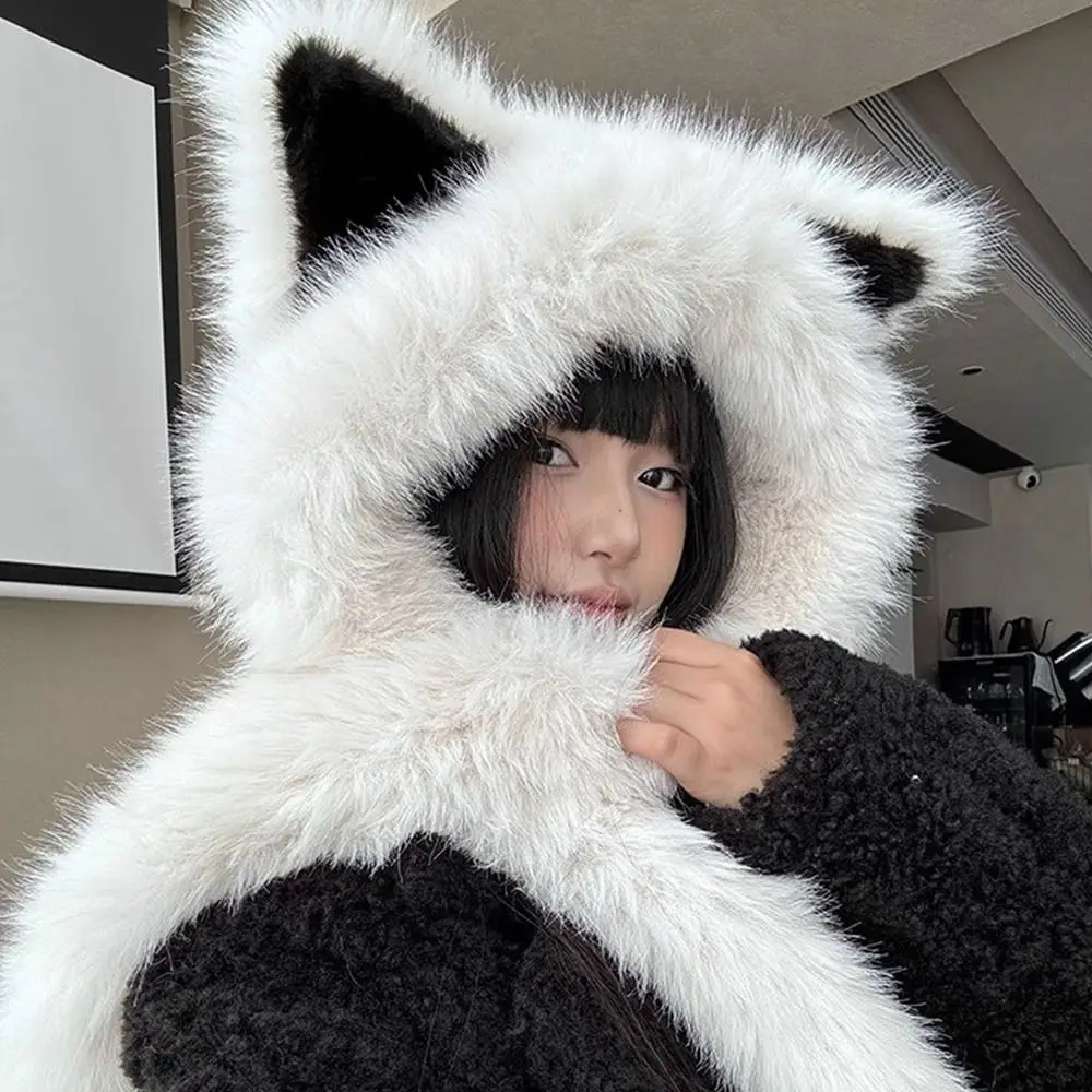 

Soft Plush Integrated Cap Scarf Ear Protection Neck Warm Fake Fur Long Scarf Cap Warm Beanie Winter Warm Beanie Hat Scarf