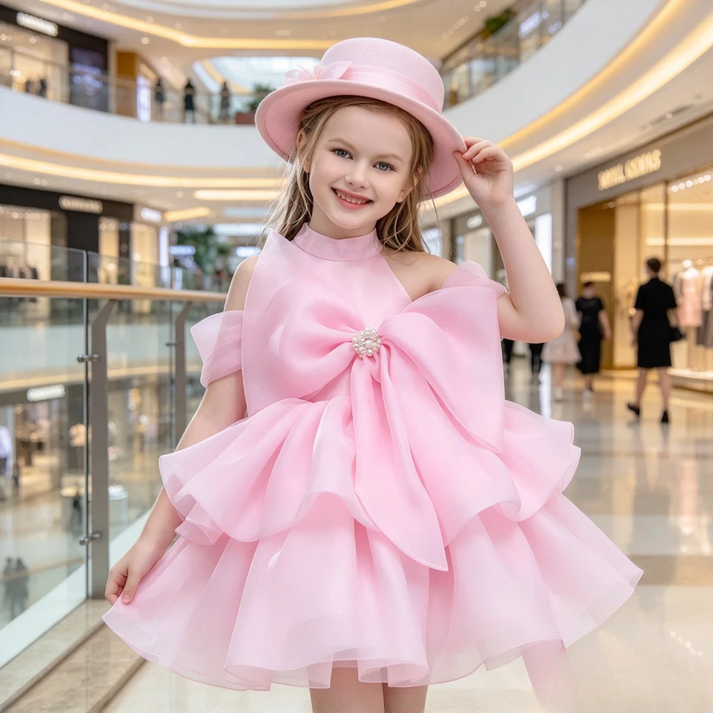 Kids Pink Bow Children Choir Host Performance Outfit Kids Formal Attire Costume Party Dress Tutu Princess Gown Elegant Piano