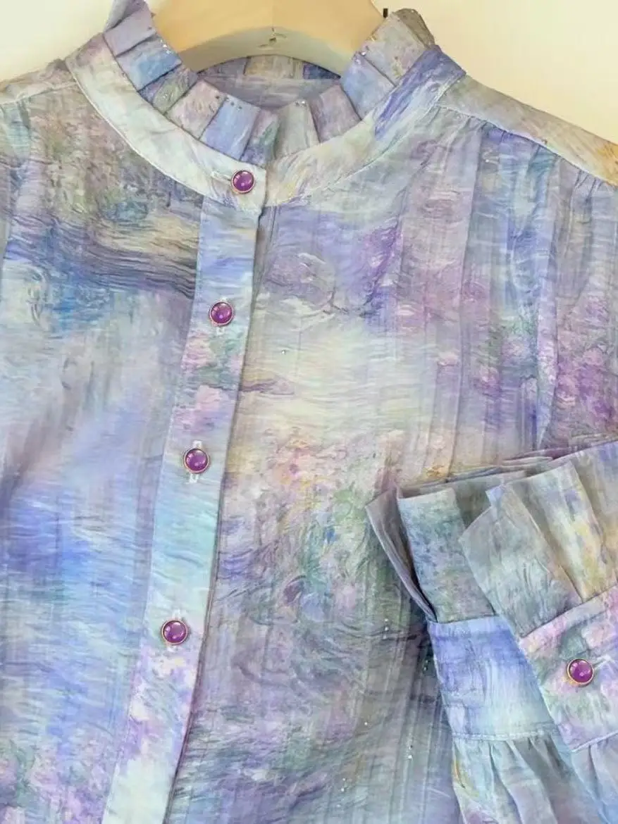 

Retro adient Print Women's irt Loose Fit Slimming Top Trendy Early Autumn New Design Casual Sle Long Sve Button up