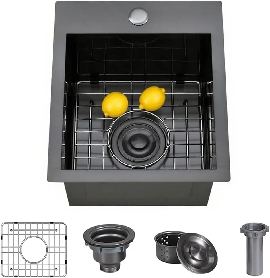 

Modern Drop In Kitchen Bar Sink, 304 Stainless Steel Black Single Bowl Topmount Sink, Nano Laundry RV Deep Workstation Sinks wit