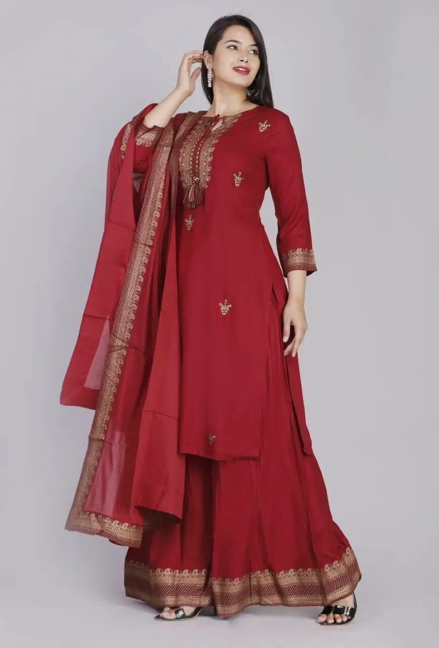 Wedding Dress Maroon Salwar Kameez Printed Rayon Kurti Palazzo Dupatta Set