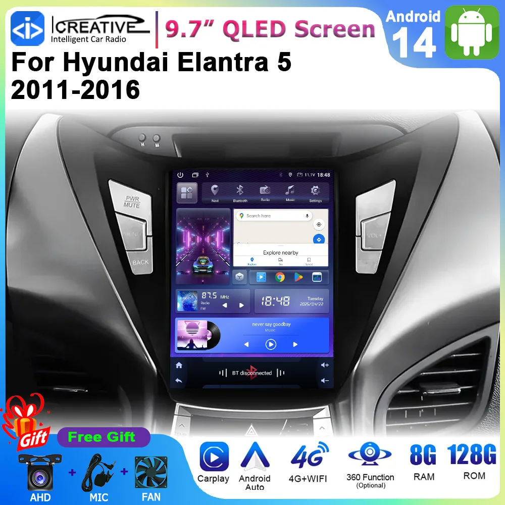 

9,7-дюймовый автомобильный мультимедийный плеер Apple Carplay Android Auto для Hyundai Elantra 5 2011-2016 Android 14 стерео Navi GPS 4G Wi-Fi