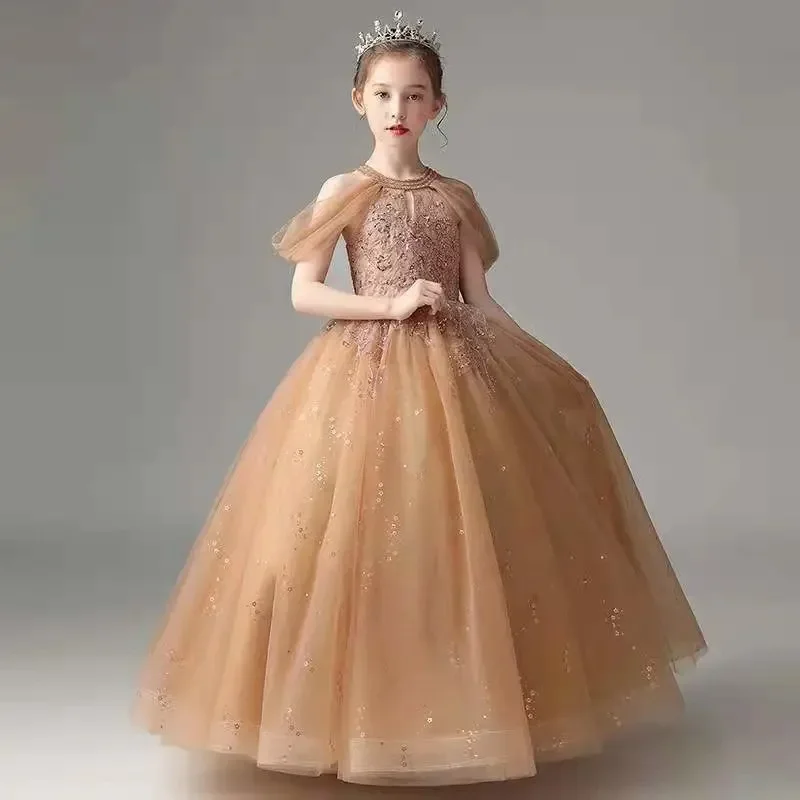 

Summer Girls Dress Bridesmaid Kids Dresses For Girls Children Long Princess Ball Gown Pearls Sequin Party Wedding Costumes