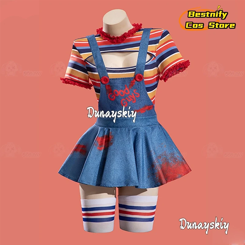 المرأة القاتل دمية زي الهالوين التأثيري {Bestnify Cos} القوطية ارتداءها متعدد الألوان مخطط انقطاع ارتداءها وزرة جوارب #3