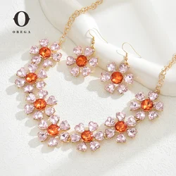 Obega 2 PCS Elegant Flower Shape Pendant  Choker Necklace Hook Earrings Shiny Orange Crystal Stone Exquisite Gold Color Chain
