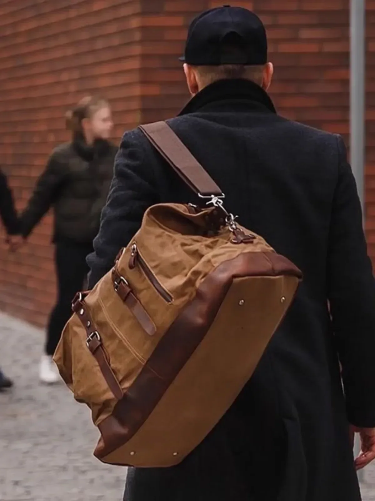 Mens Waterproof Waxed Canvas Travel Bag Large Capacity Crossbody Luggage with Crazy Horse Leather