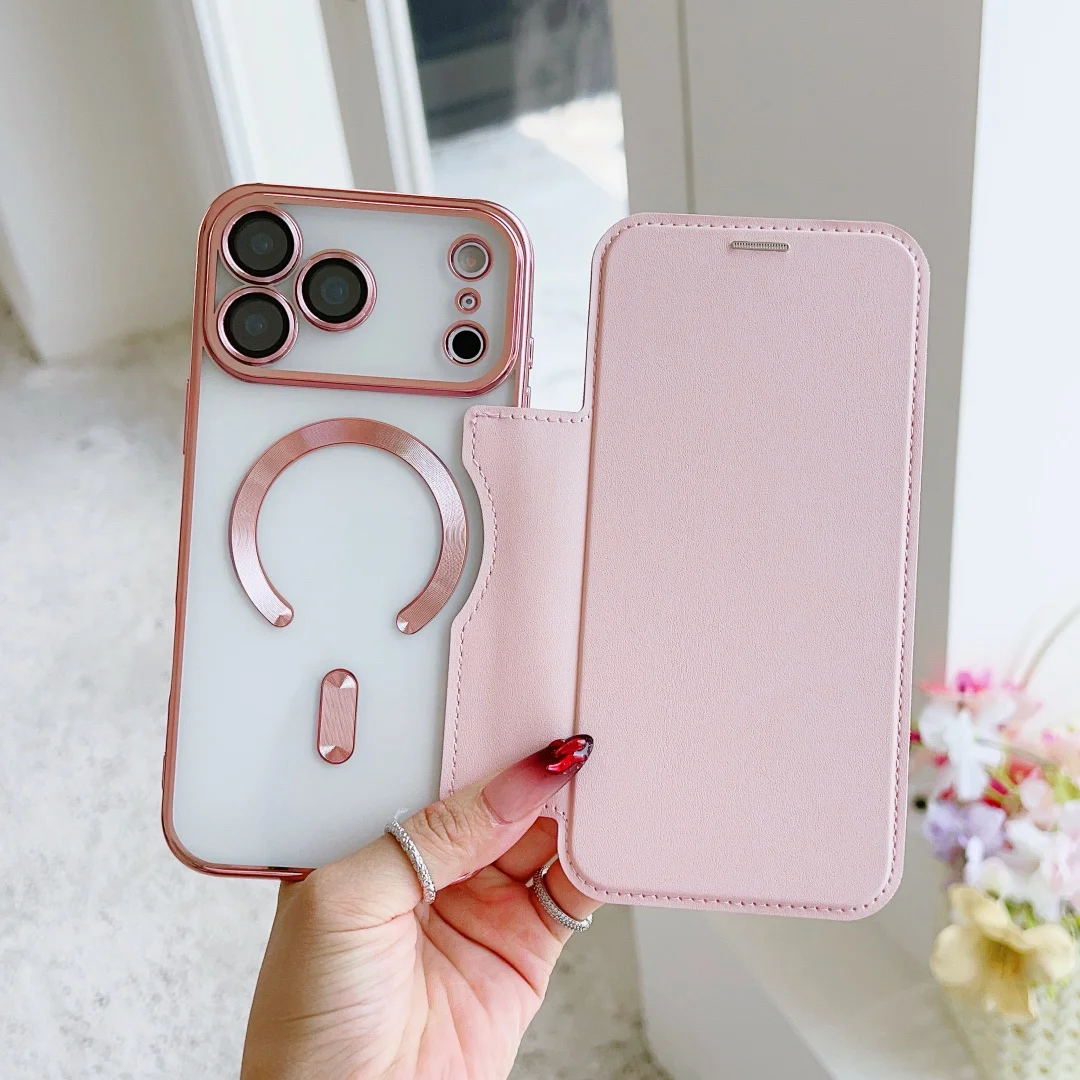 

For iPhone 17 16 15 14 13 12 11 Pro Plus Max Air 16E Case Magnetic Embossed Leather Camera Lens All-Inclusive Protection Plating