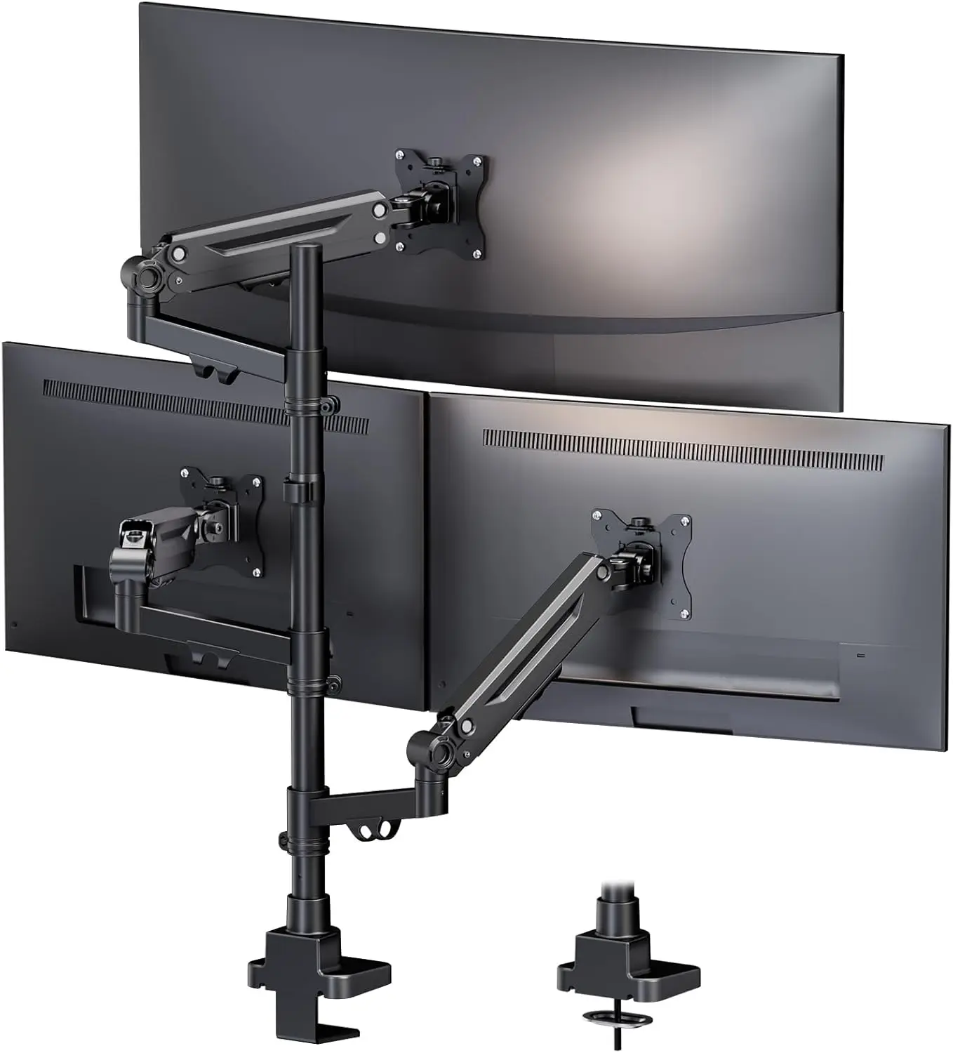 Triple Monitor Stand for 35-inch Screens - Heavy Duty Adjustable Gas Spring Arms, VESA Compatible, Black