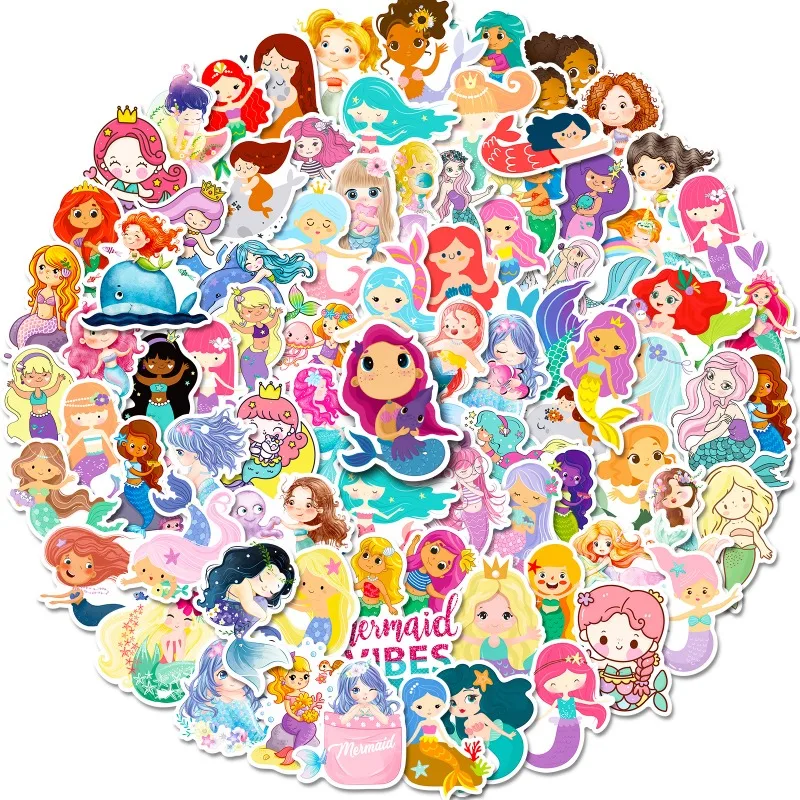 100PCS Mermaid Princess Girl Cute Cartoon Doodle Children's Toys Cell Phone Case Notebook Water Cup Guitar Stickers Wholesale