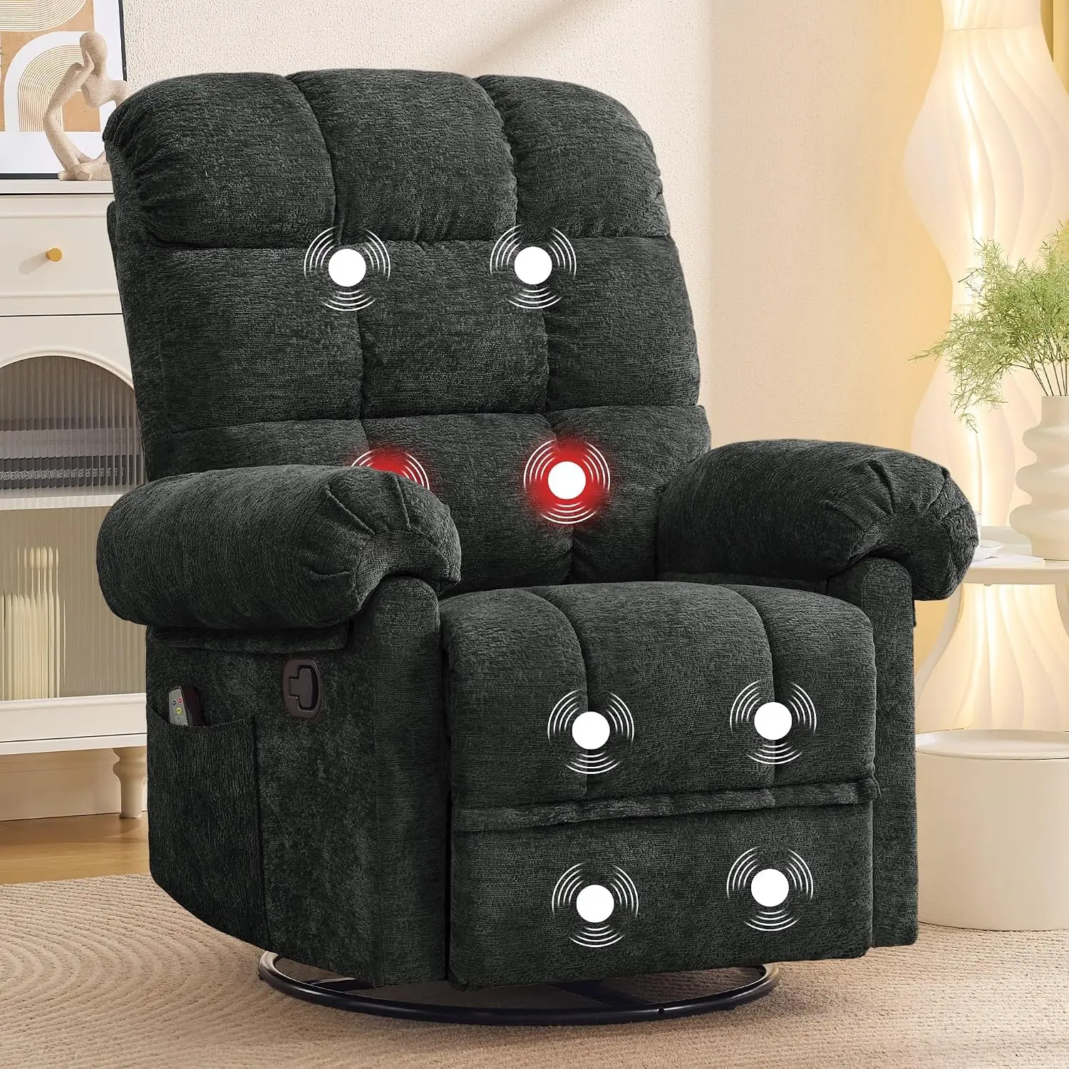 360° Swivel Rocker Recliner Chair with Massage & Heat, Nursery Small Space Manual Chenille Fabric Side Pockets, Customized